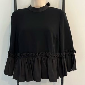 Cinq a Sept Black Bow Ruffle 3/4 Sleeve Top Blouse Women Size S